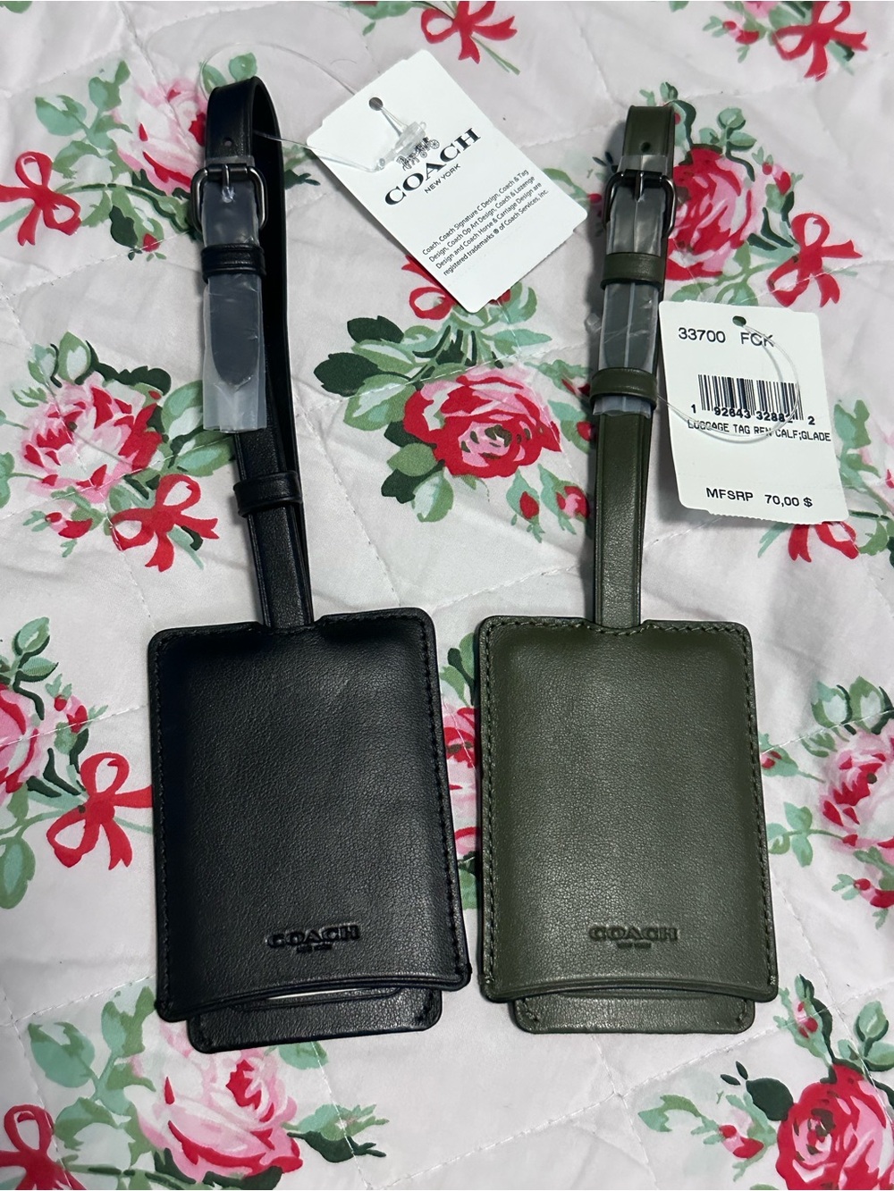 Coach Leather Luggage Tags in Black and Glade (olive)